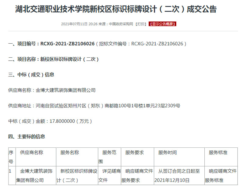 中标|贺BB贝博中标湖北交通职业技术学院新校区标识标牌设计项目(图1) 中标湖北交通职业技术学院